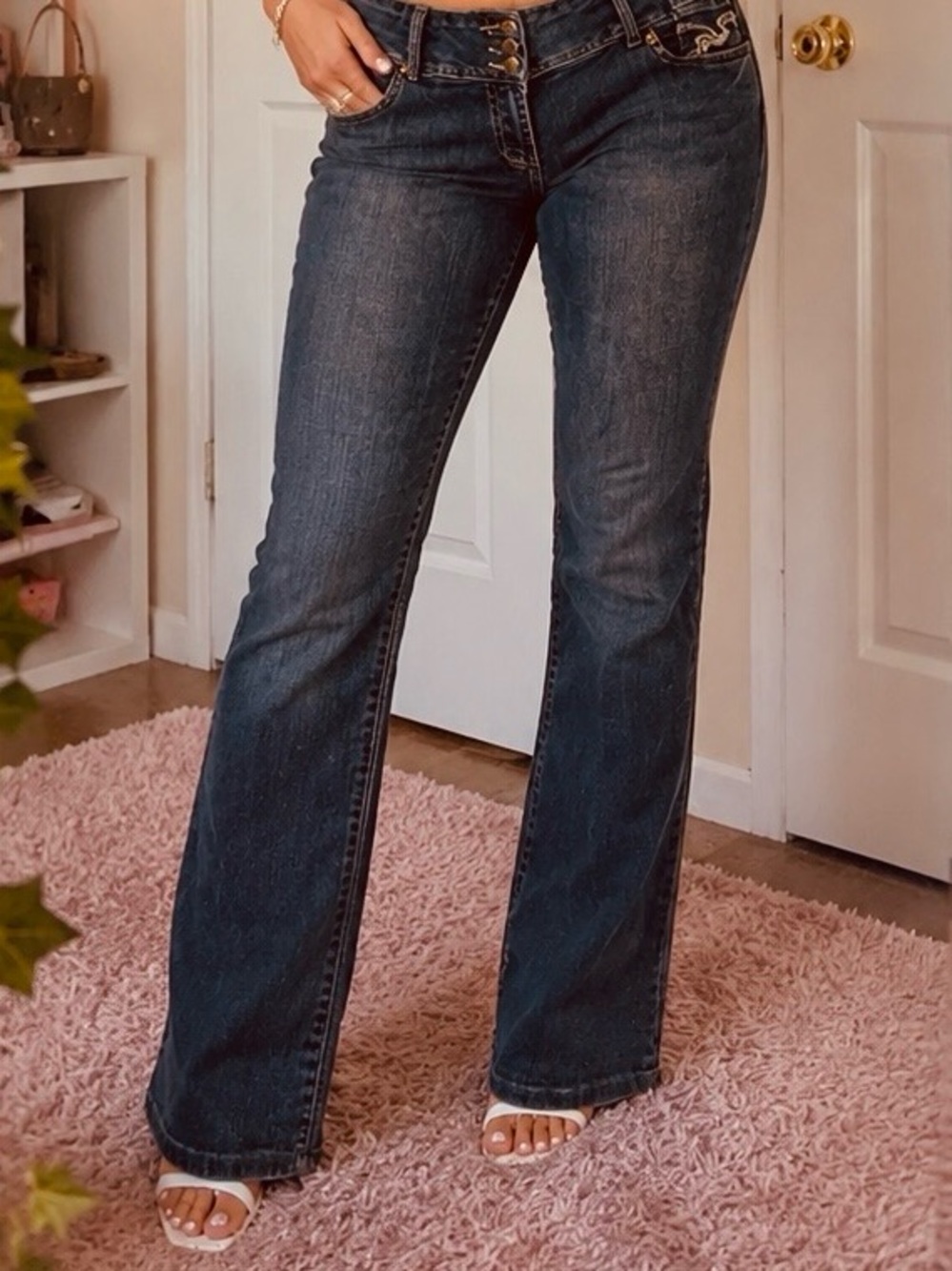 Urban Star Y2K Bootcut Jeans 16 Dark Blue Grey Wash 3 Button High Rise Denim